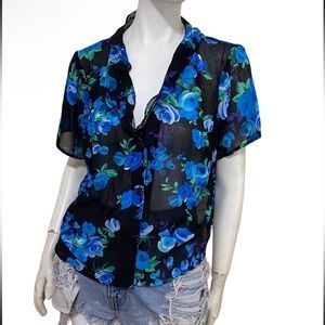 Vintage Y2K Sheer Floral Print Boxy Button Up Blouse Sz 16